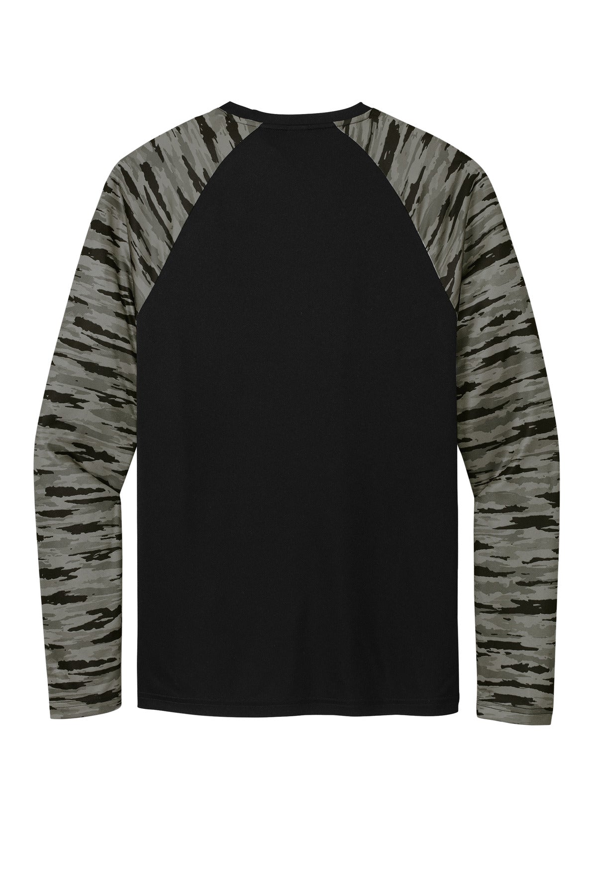 Rear View of Black Sport-Tek Drift Camo Colorblock Long Sleeve Tee ST376LS
