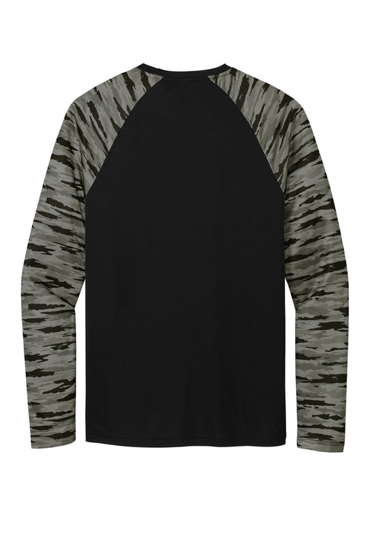 Rear View of Black Sport-Tek Drift Camo Colorblock Long Sleeve Tee ST376LS