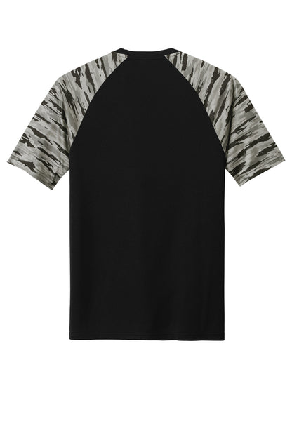 Rear View of Black Sport-Tek Drift Camo Colorblock Tee ST376