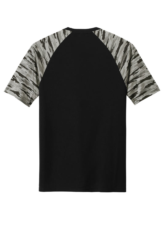 Rear View of Black Sport-Tek Drift Camo Colorblock Tee ST376