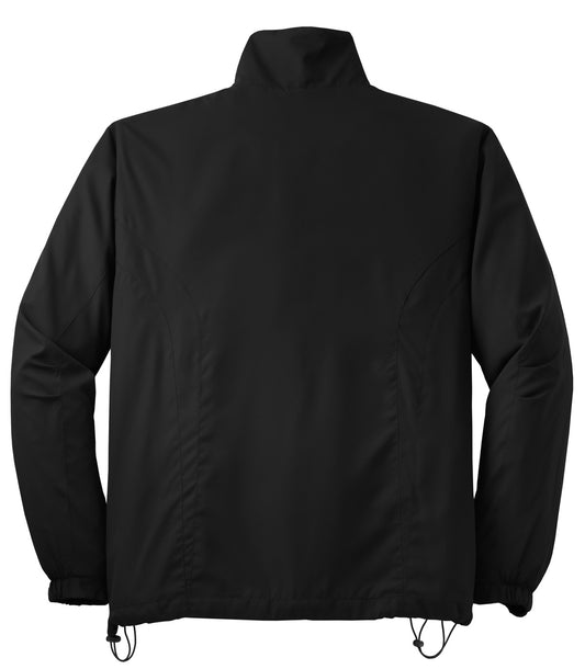 Rear View of Black Sport-Tek Full-Zip Wind Jacket. JST70