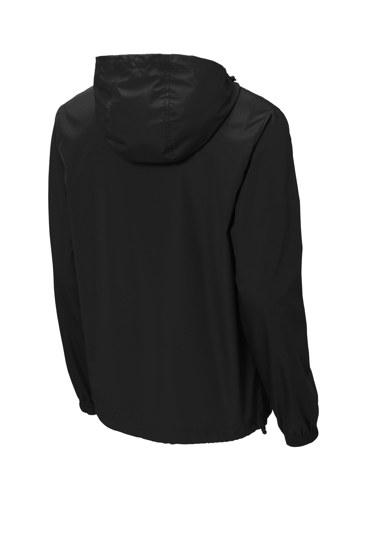 Rear View of Black Sport-Tek Packable Anorak. JST66