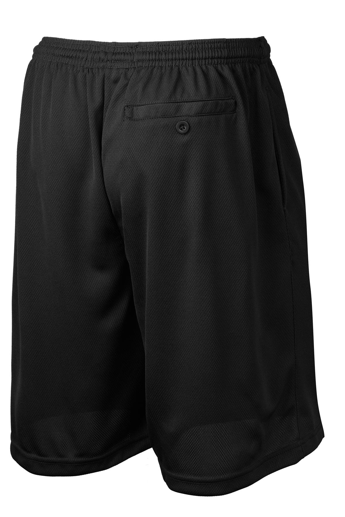 Rear View of Black Sport-Tek PosiCharge Tough Mesh Pocket Short. ST312