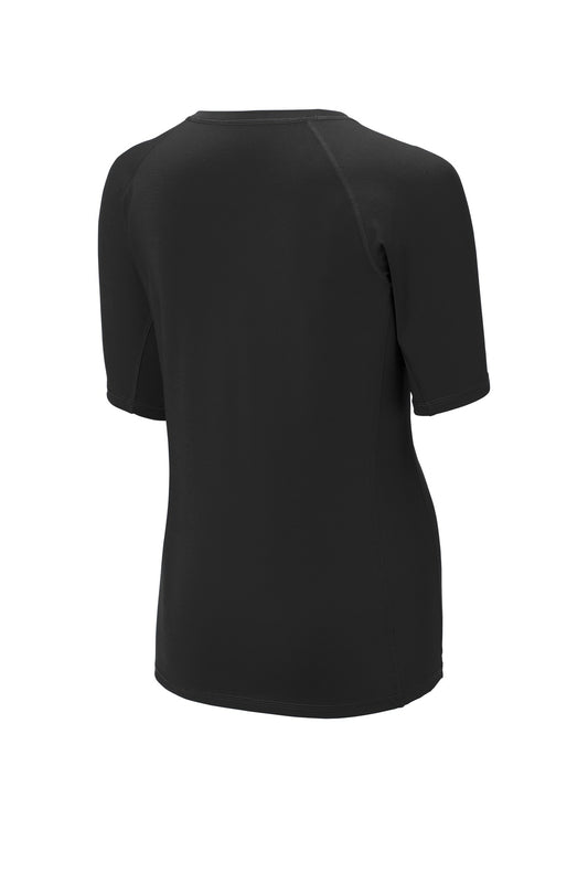 Rear View of Black Sport-Tek Women's Rashguard Tee. LST470