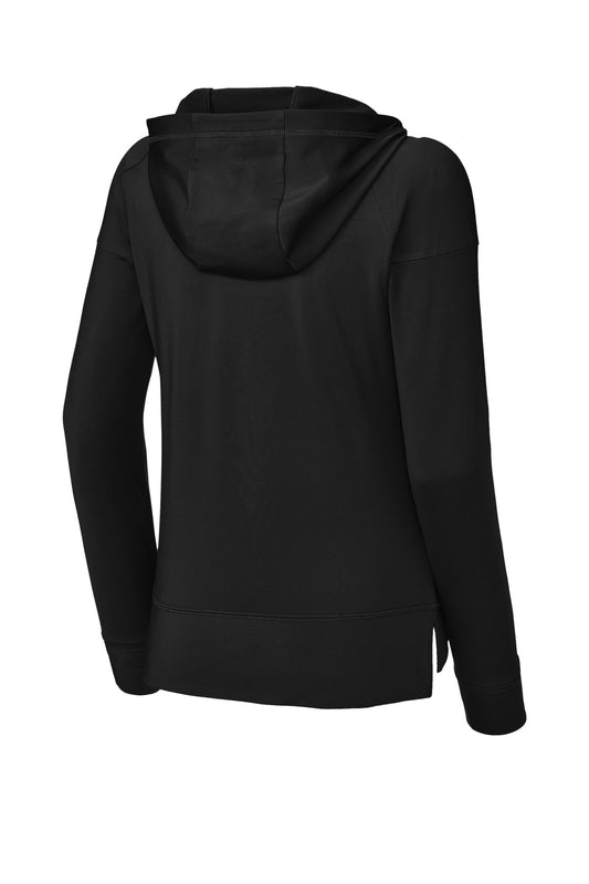 Rear View of Black Sport-Tek Women's Sport-Wick Stretch 1/2-Zip Hoodie LST856
