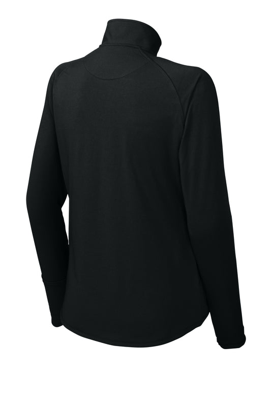 Rear View of Black Sport-Tek Women's Sport-Wick Stretch 1/4-Zip Pullover. LST850