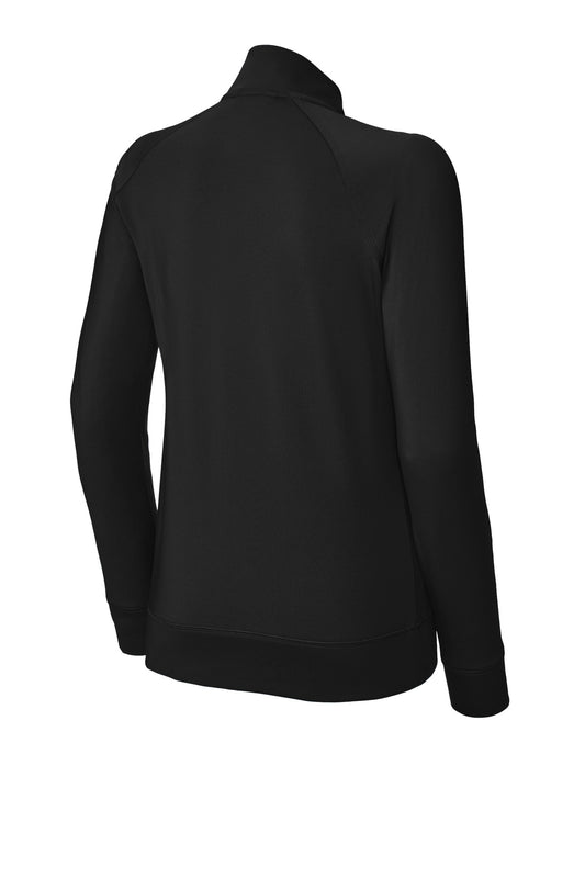 Rear View of Black Sport-Tek Women's Sport-Wick Stretch Full-Zip Cadet Jacket LST857