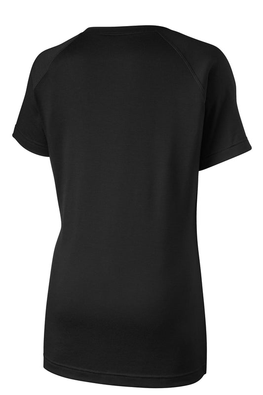 Rear View of Black Sport-Tek Women's Ultimate Performance V-Neck. LST700
