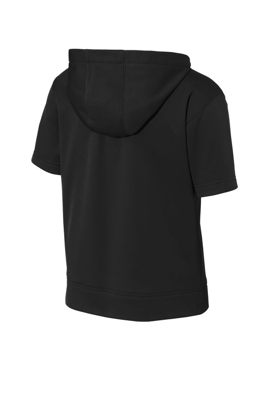 Rear View of Black Sport-Tek Youth Sport-Wick Fleece Short Sleeve Hooded Pullover. YST251