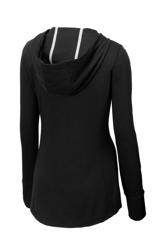 Rear View of Black Triad So Sport-Tek Women's PosiCharge Tri-Blend Wicking Fleece Hooded Pullover. LST296