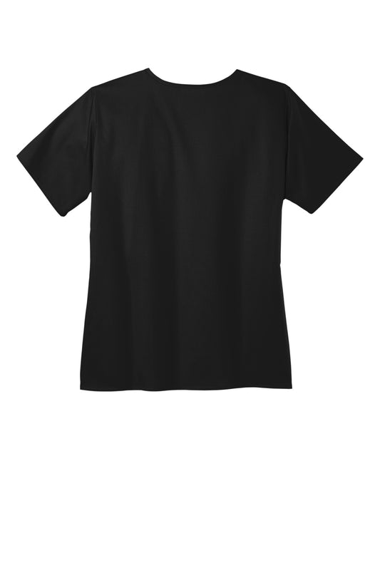 Rear View of Black Wink Women's WorkFlex Mock Wrap Top WW4760
