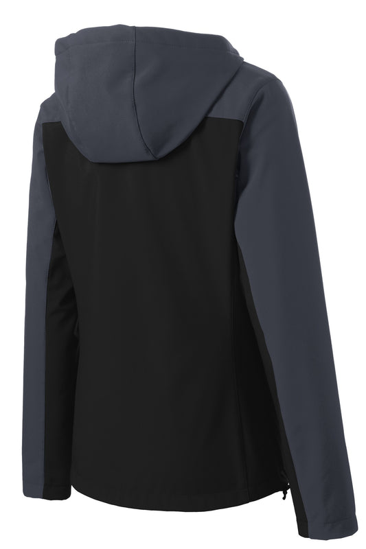 Rear View of Black/Batl Gry Port Authority Women's Hooded Core Soft Shell Jacket. L335