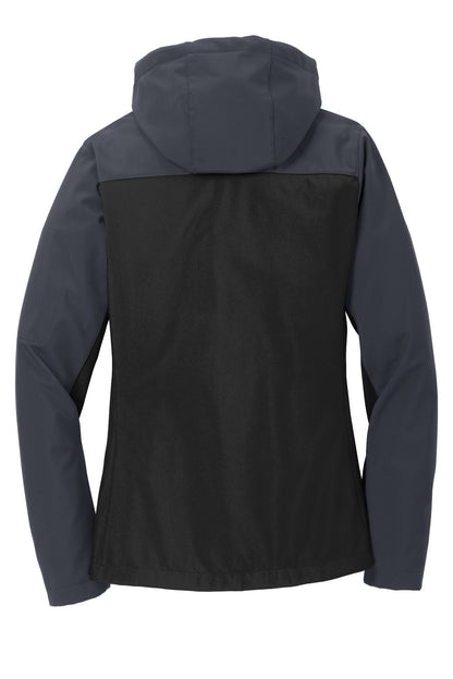 Rear View of Black/Batl Gry Port Authority Women's Hooded Core Soft Shell Jacket. L335