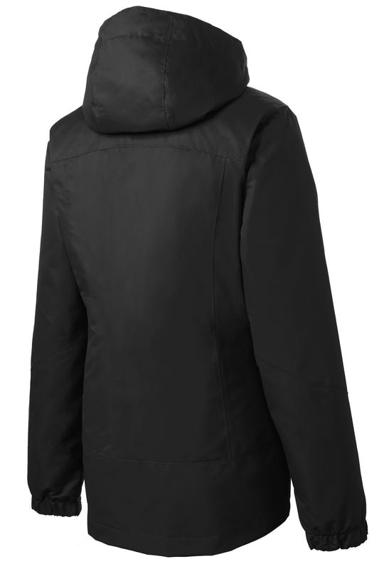 Rear View of Black/Black Port Authority Women's Vortex Waterproof 3-in-1 Jacket. L332