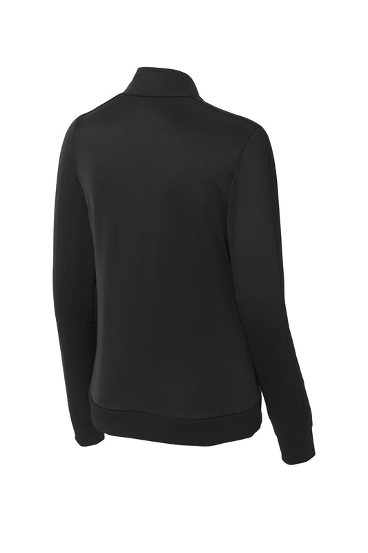 Rear View of Black/Black Sport-Tek Ladies Tricot Sleeve Stripe Track Jacket. LST94