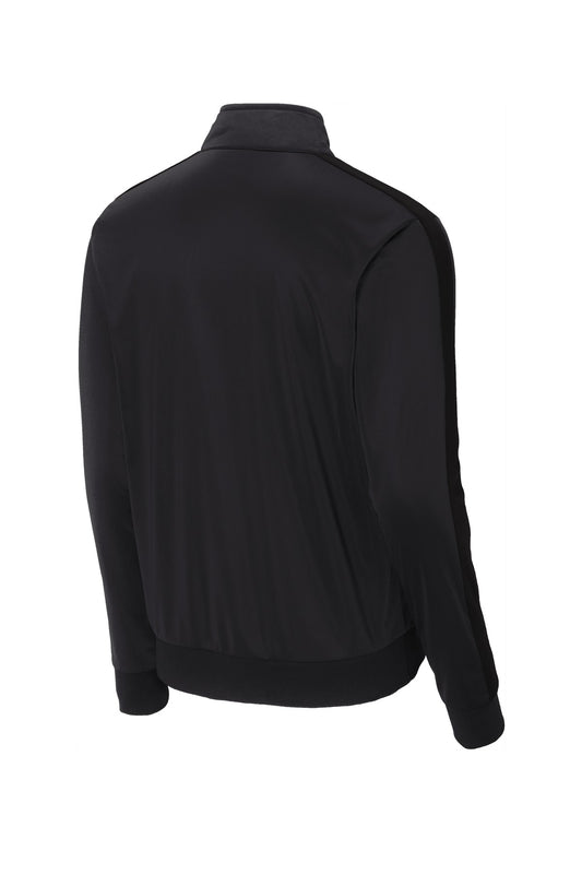 Rear View of Black/Black Sport-Tek Tricot Sleeve Stripe Track Jacket. JST94