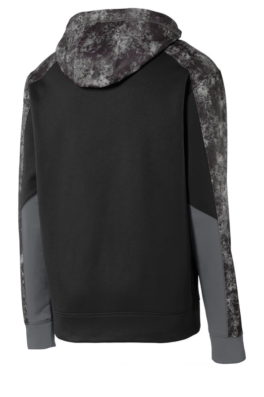 Rear View of Black/Black Sport-Tek Youth Sport-Wick Mineral Freeze Fleece Colorblock Hooded Pullover. YST231