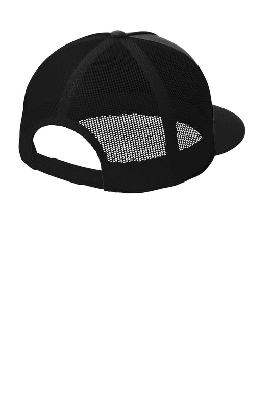 Rear View of Black/Black Sport-Tek YP Classics 5-Panel Classic Trucker Mesh Back Cap. STC38