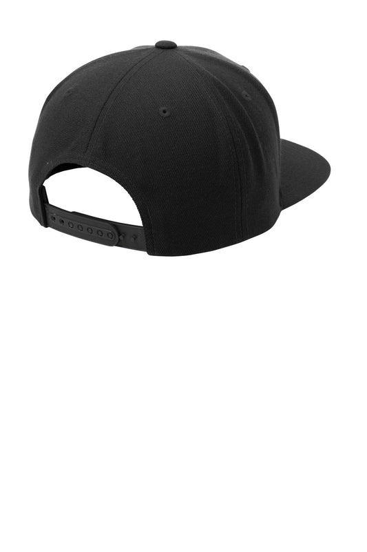 Rear View of Black/Black Sport-Tek YP Classics Flat Bill Snapback Cap. STC19