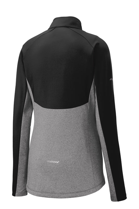 Rear View of Black/Ch Gy He Sport-Tek Women's Sport-Wick Stretch Contrast 1/4-Zip Pullover. LST854