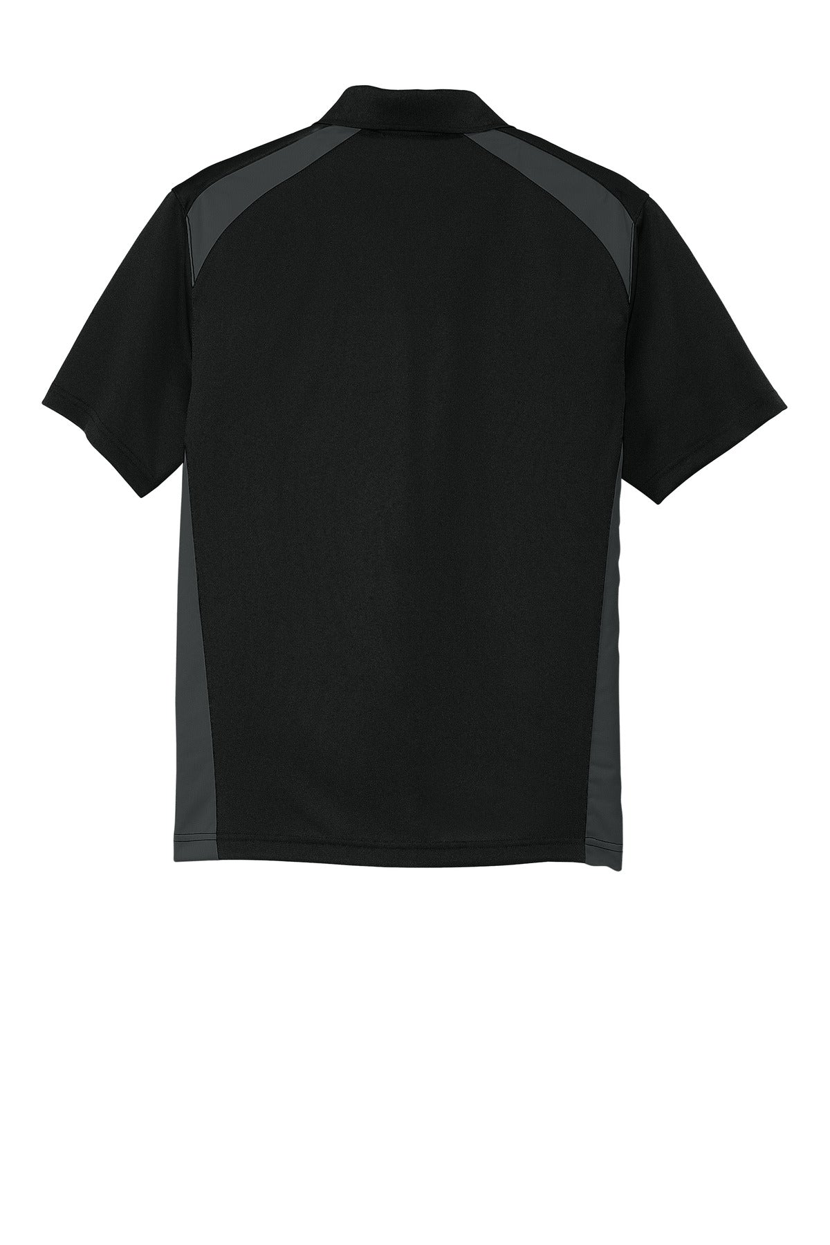 Rear View of Black/Charcoal CornerStone Select Snag-Proof Two Way Colorblock Pocket Polo. CS416