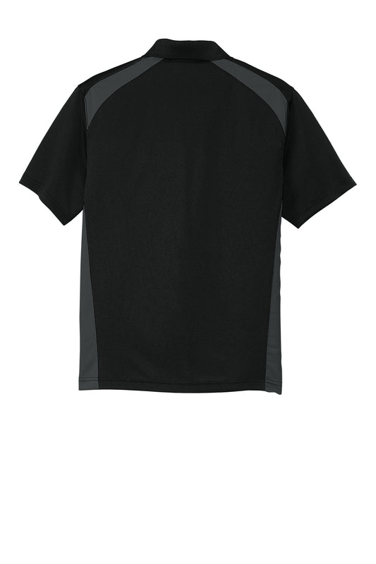 Rear View of Black/Charcoal CornerStone Select Snag-Proof Two Way Colorblock Pocket Polo. CS416
