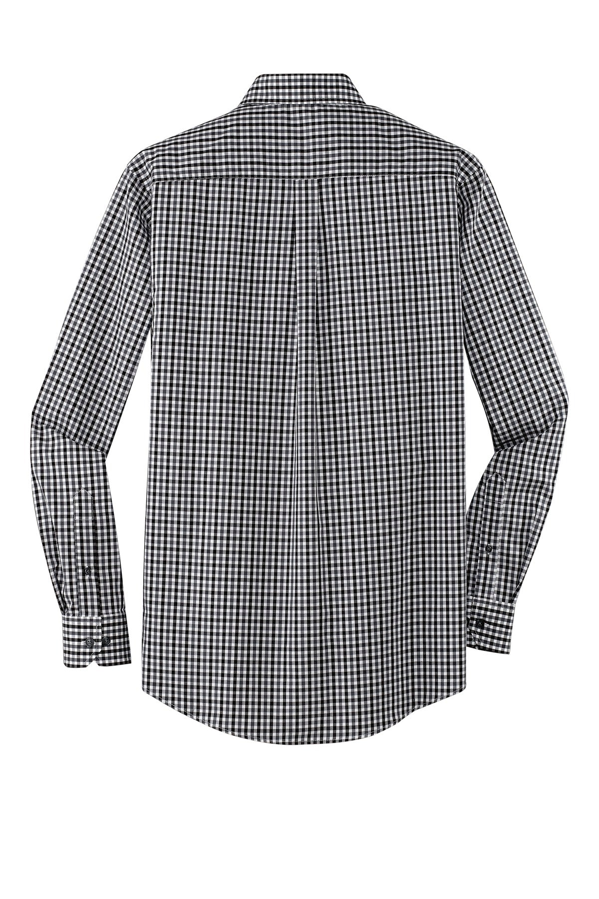 Rear View of Black/Charcoal Port Authority Long Sleeve Gingham Easy Care Shirt. S654