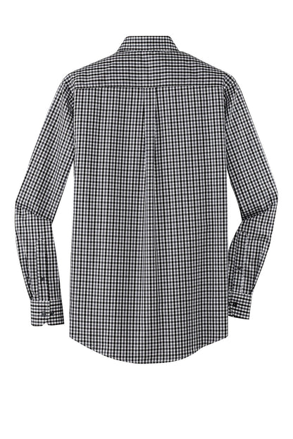 Rear View of Black/Charcoal Port Authority Long Sleeve Gingham Easy Care Shirt. S654
