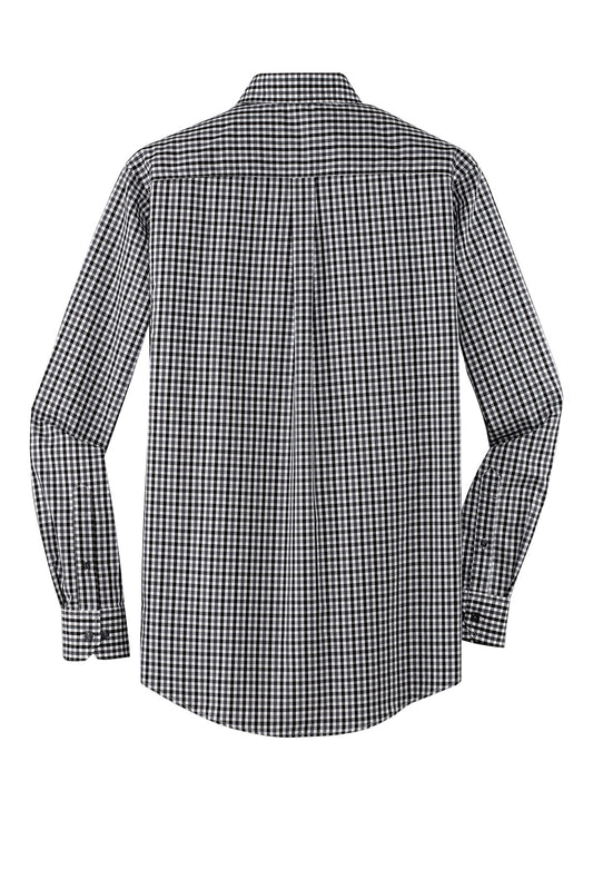 Rear View of Black/Charcoal Port Authority Long Sleeve Gingham Easy Care Shirt. S654