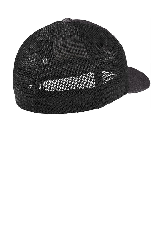Rear View of Black/Dk Ch He Port Authority Flexfit Melange Mesh Back Trucker Cap C302