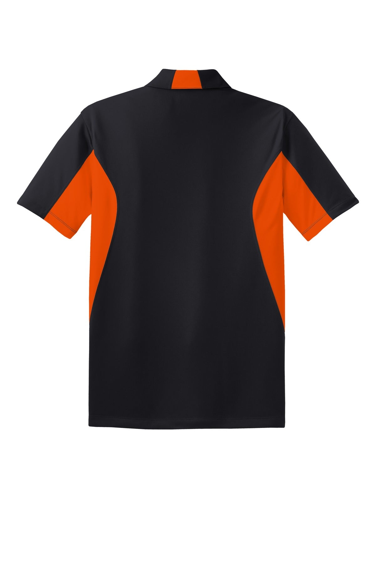 Rear View of Black/Dp Orng Sport-Tek Tall Side Blocked Micropique Sport-Wick Polo. TST655