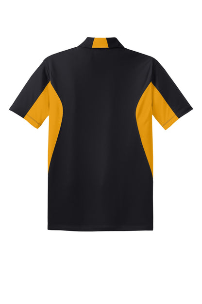 Rear View of Black/Gold Sport-Tek Tall Side Blocked Micropique Sport-Wick Polo. TST655