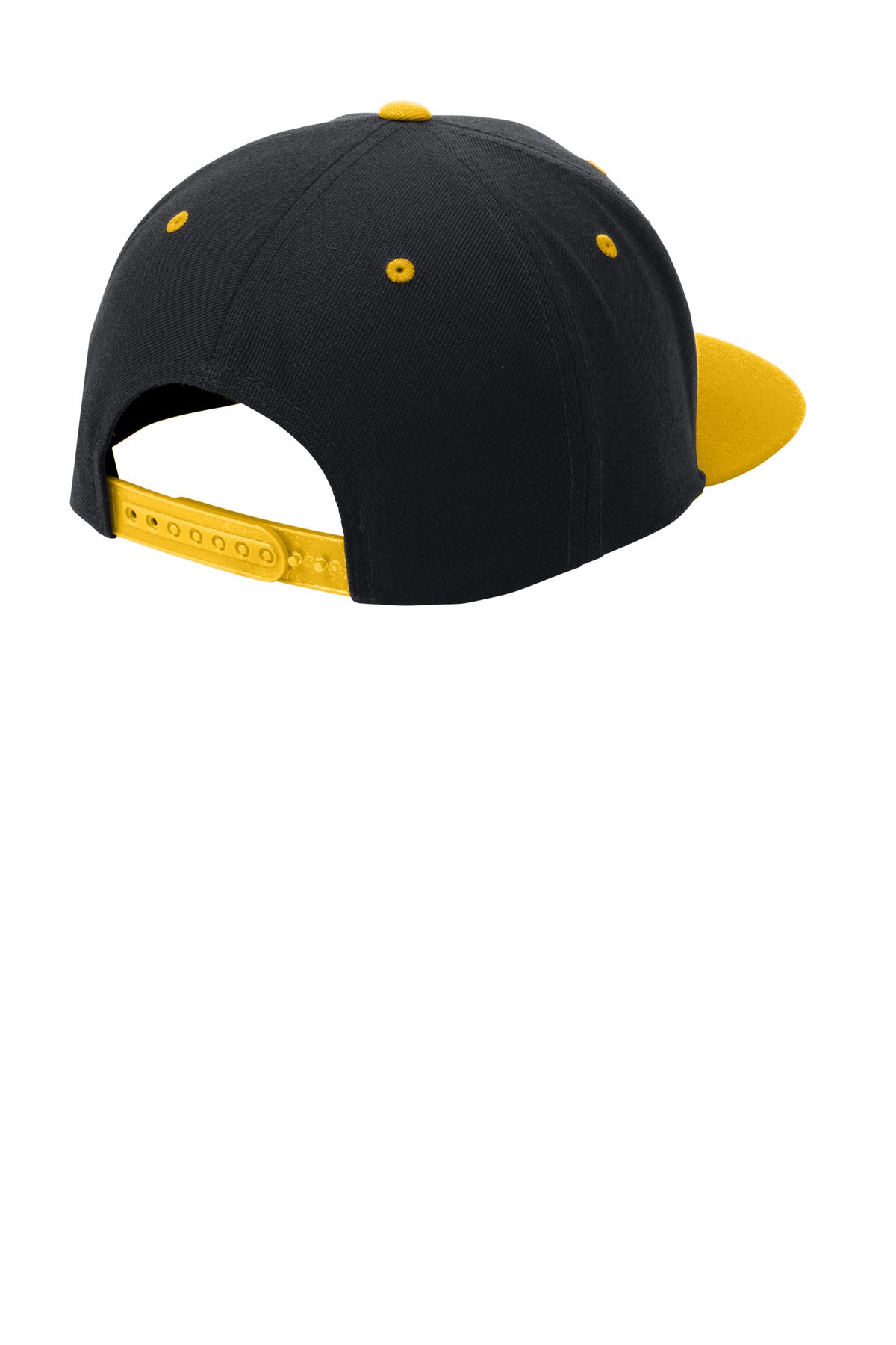 Rear View of Black/Gold Sport-Tek YP Classics Flat Bill Snapback Cap. STC19