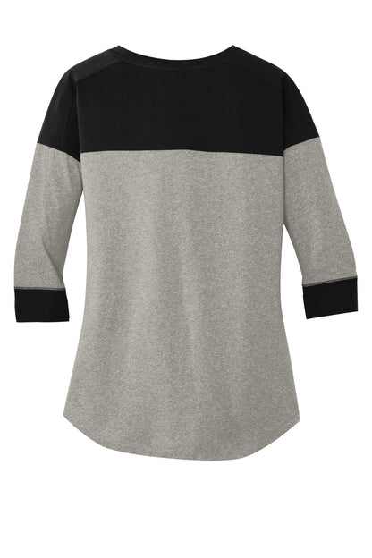 Rear View of Black/Rain GyH New Era Women's Heritage Blend 3/4-Sleeve Baseball Raglan Tee. LNEA104