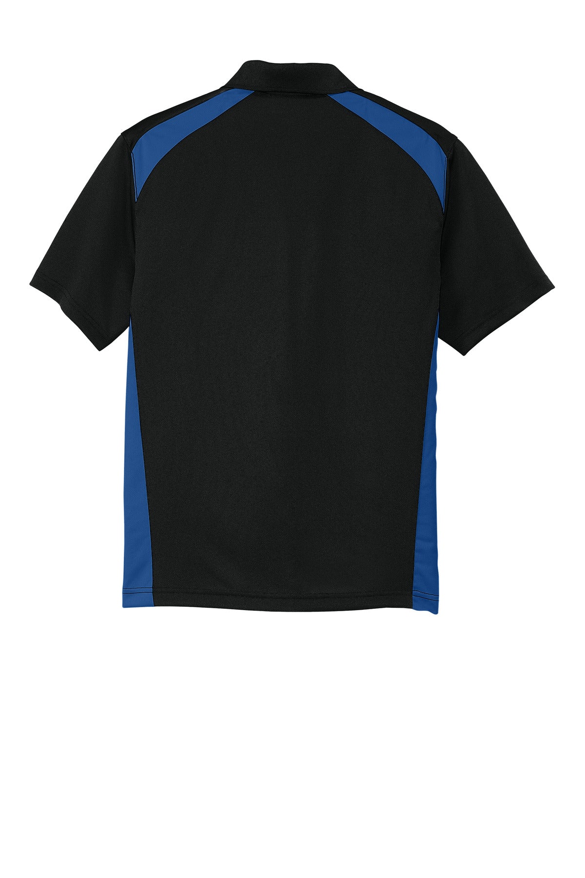 Rear View of Black/Royal CornerStone Select Snag-Proof Two Way Colorblock Pocket Polo. CS416