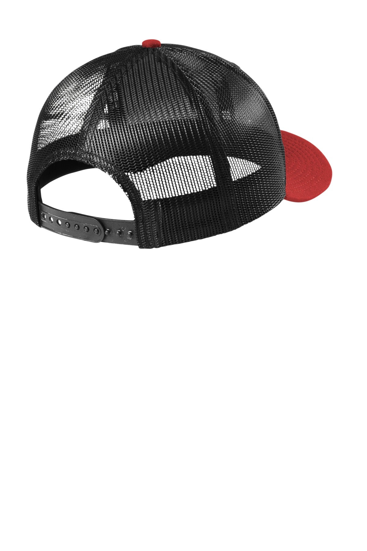 Rear View of Black/Scarlet New Era Snapback Low Profile Trucker Cap NE207