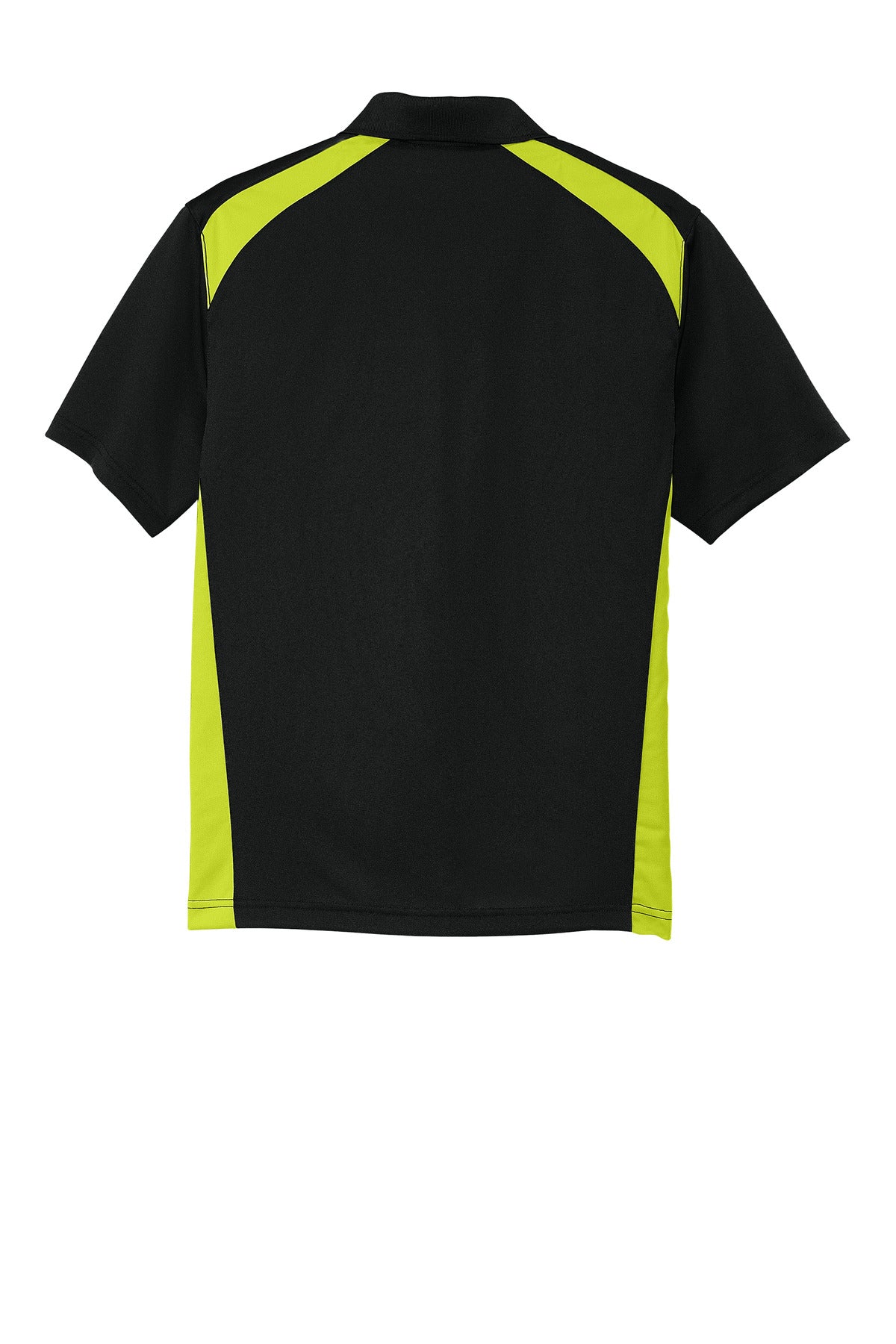 Rear View of Black/Shck Grn CornerStone Select Snag-Proof Two Way Colorblock Pocket Polo. CS416