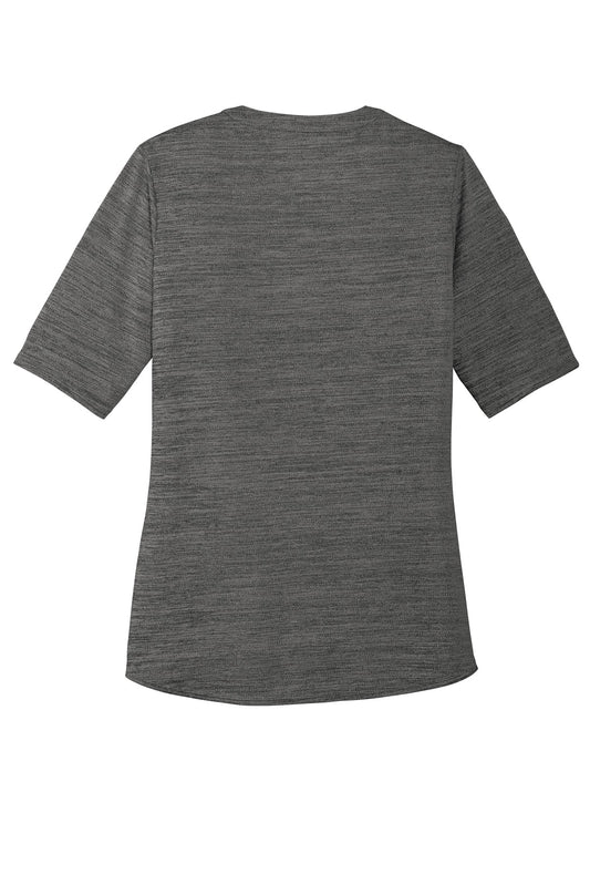 Rear View of Black/Thndr Gy Port Authority Women's Stretch Heather Open Neck Top LK583