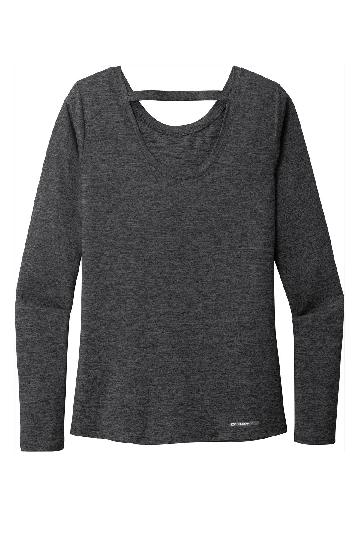 Rear View of Blacktop Hthr OGIO Women's Force Long Sleeve Tee LOE340