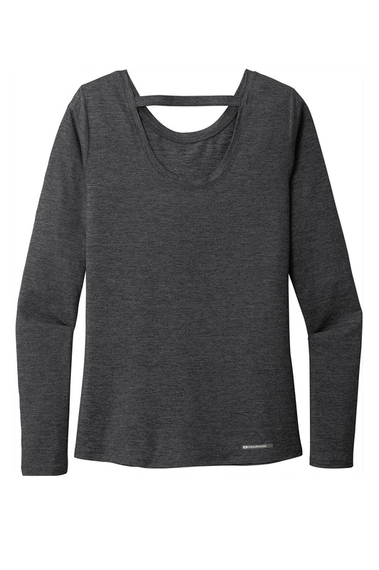 Rear View of Blacktop Hthr OGIO Women's Force Long Sleeve Tee LOE340