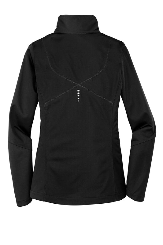 Rear View of Blacktop OGIO Women's Crux Soft Shell. LOE720