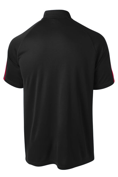 Rear View of Black/Tr Red Sport-Tek PosiCharge Micro-Mesh Colorblock Polo. ST685