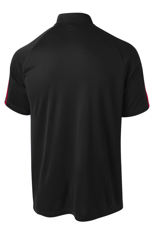 Rear View of Black/Tr Red Sport-Tek PosiCharge Micro-Mesh Colorblock Polo. ST685