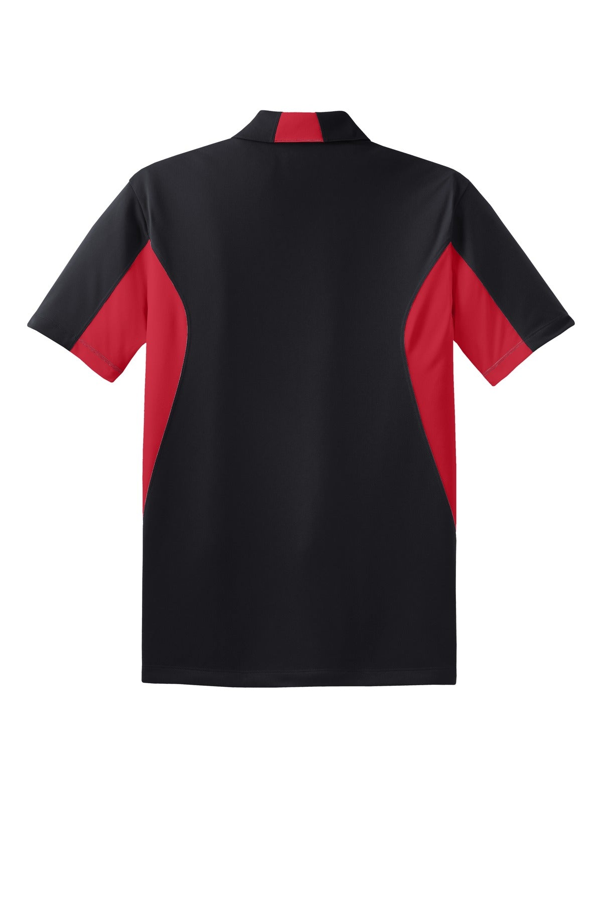 Rear View of Black/Tr Red Sport-Tek Tall Side Blocked Micropique Sport-Wick Polo. TST655