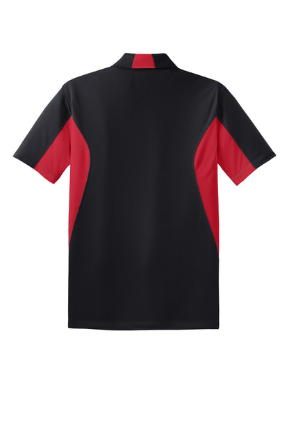 Rear View of Black/Tr Red Sport-Tek Tall Side Blocked Micropique Sport-Wick Polo. TST655
