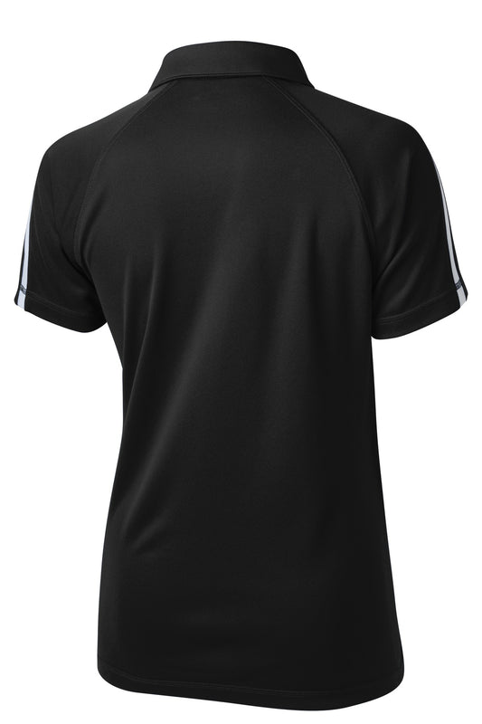 Rear View of Black/Tr Red Sport-Tek Women's PosiCharge Micro-Mesh Colorblock Polo. LST685