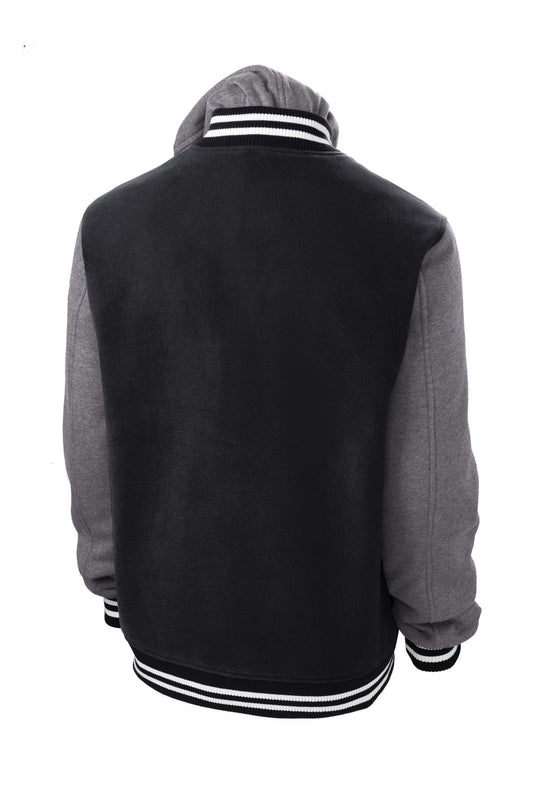 Rear View of Black/Vnt Hthr Sport-Tek Insulated Letterman Jacket. JST82