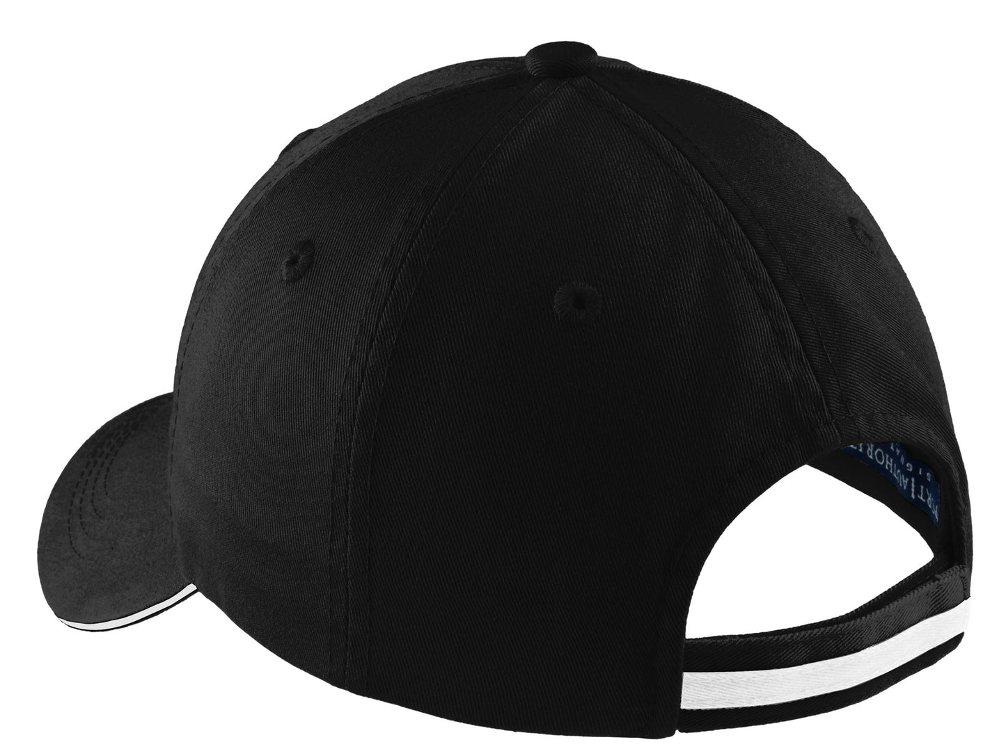 Rear View of Black/White Port Authority Sandwich Bill Cap with Striped Closure. C830