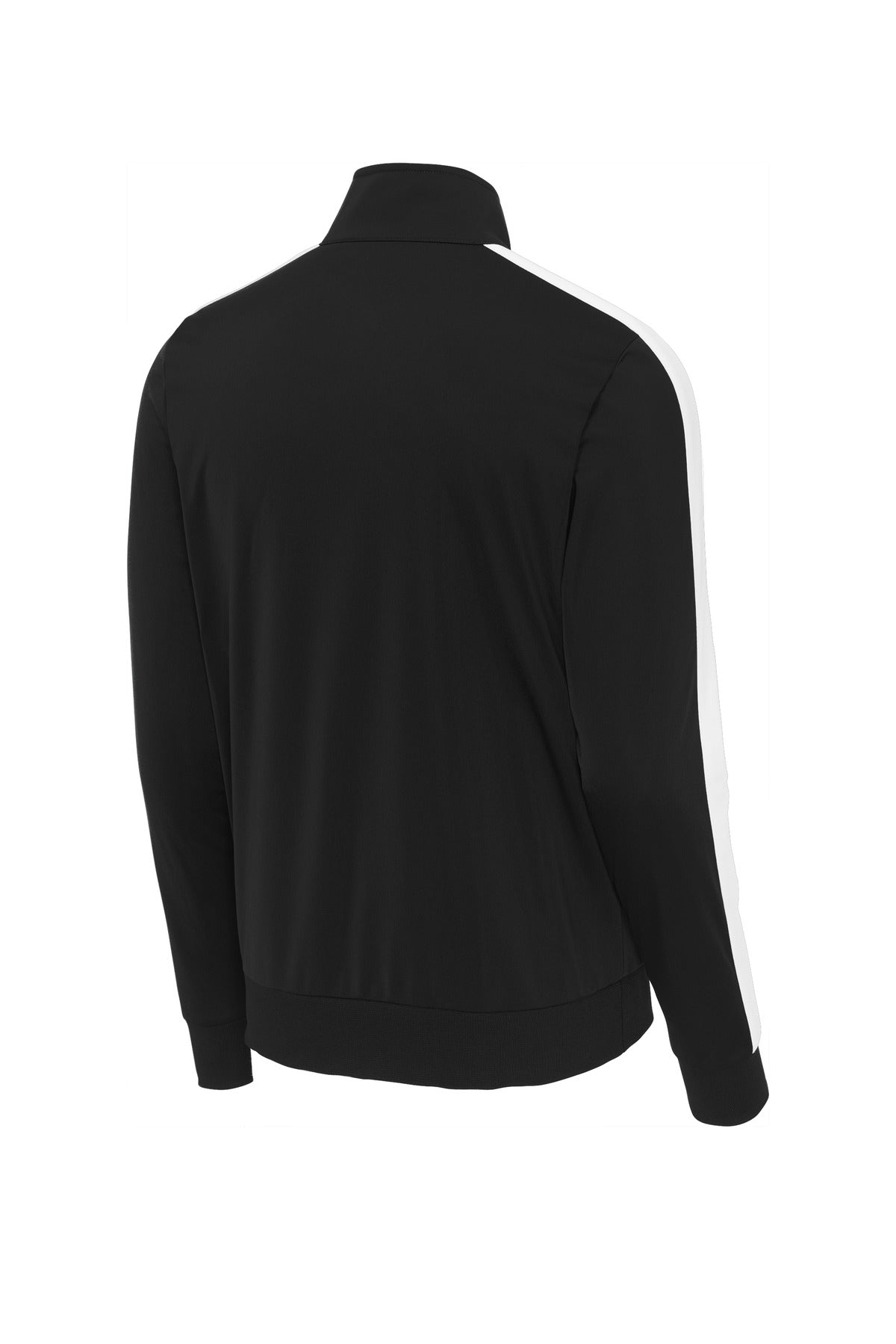 Rear View of Black/White Sport-Tek Tricot Sleeve Stripe Track Jacket. JST94