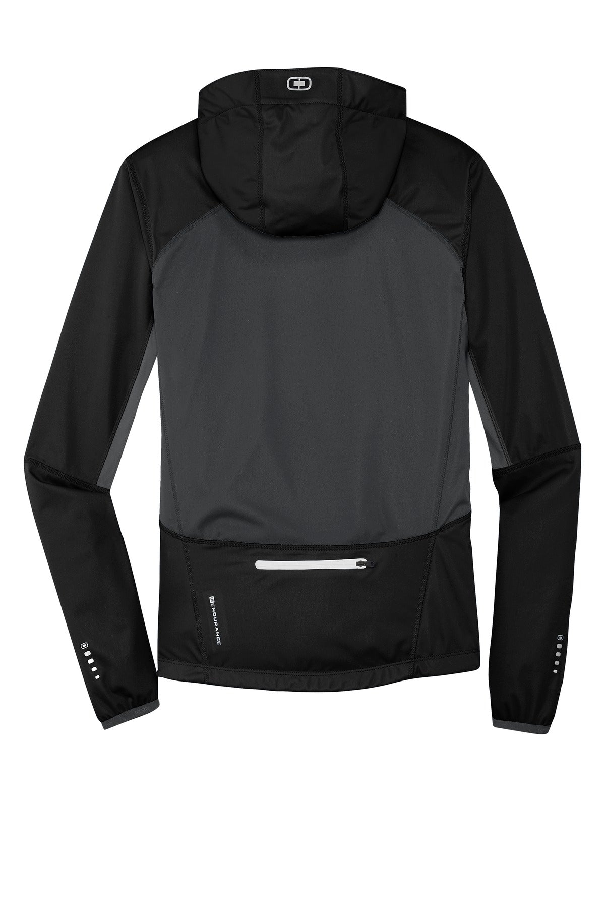 Rear View of Blcktp/Gear Gy OGIO Pivot Soft Shell. OE721